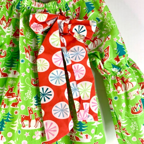 Christmas Holiday red green white reindeer snowflake ruffled bow twirl dress - Picture 4 of 13